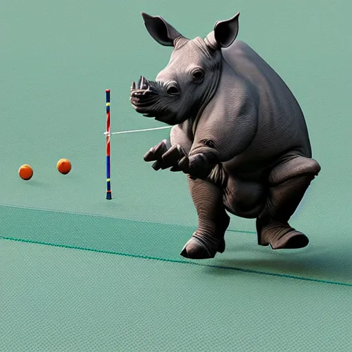 Image similar to rhinoceros playing badminton, photorealistic