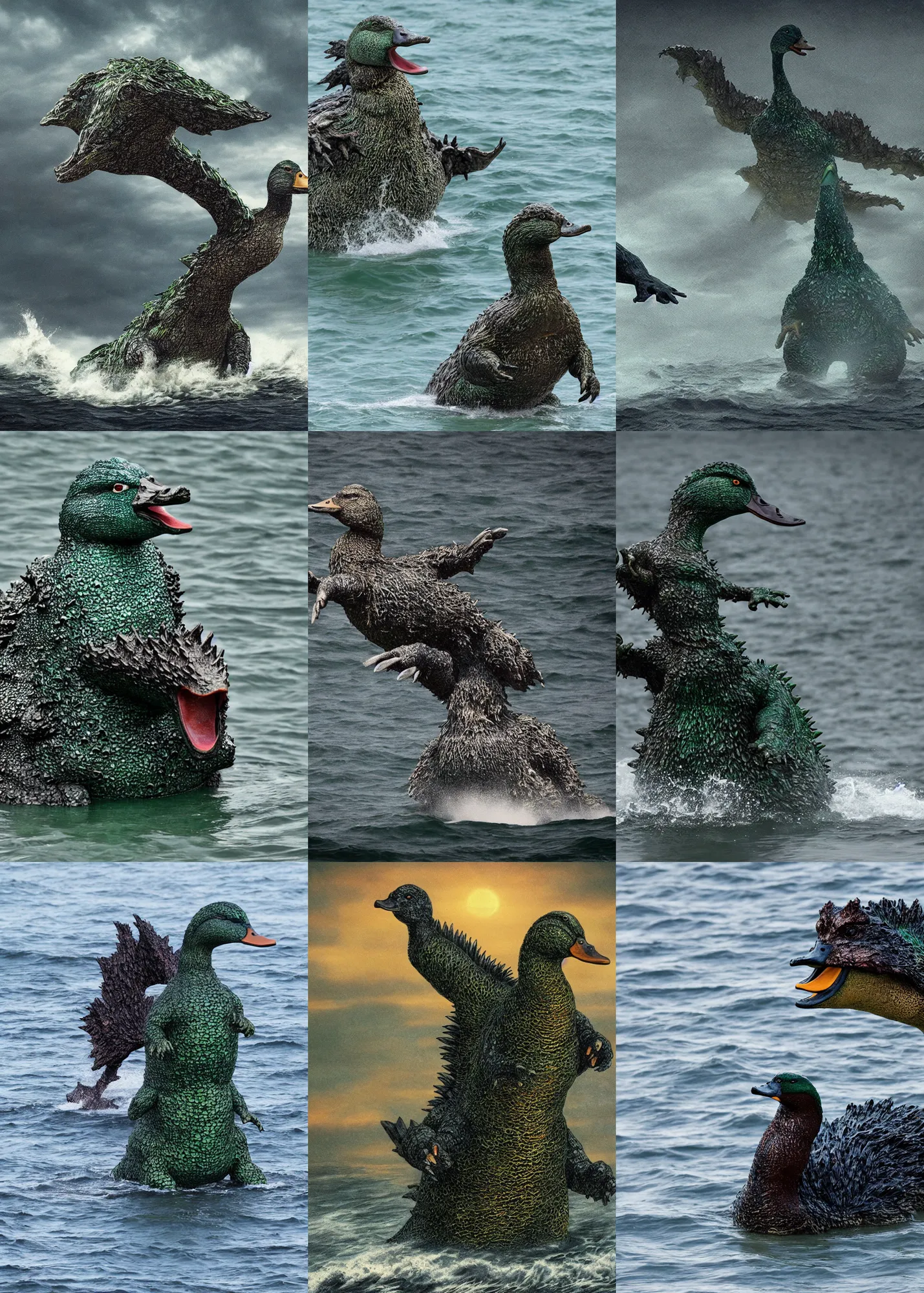 Prompt: mallard duck godzilla monster, rising from ocean, dark and ominous