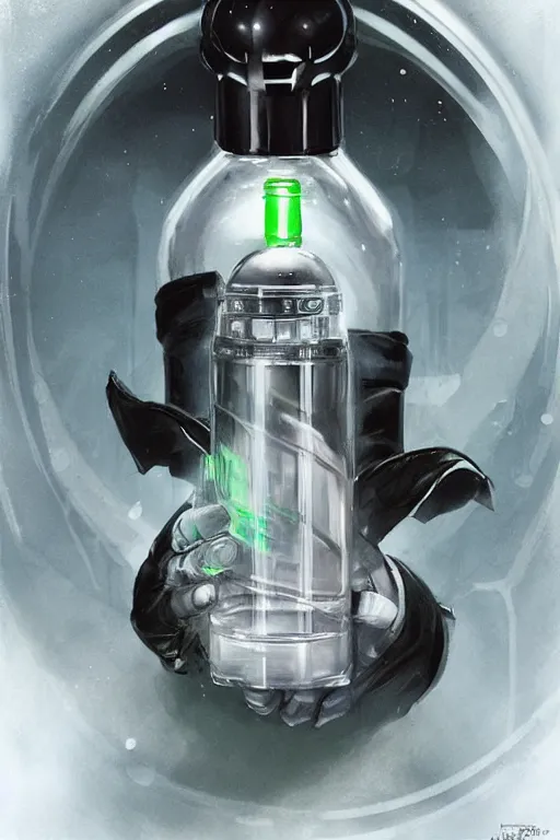 Image similar to concept art of a rolex - star wars white iridescent liquid dietary supplement in a transparent bottle with big black sticker on it by aenaluck, artgerm and roberto ferri and greg rutkowski, blue and white tones, digital painting, artstation, concept art, smooth, sharp foccus ilustration hq