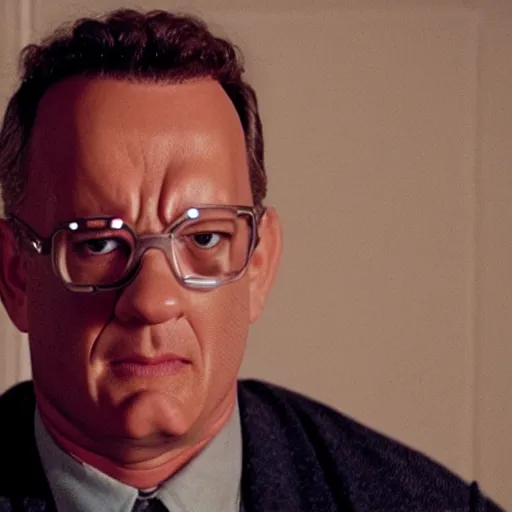 Prompt: still from a movie starring tom hanks with his nose made out of a tomato