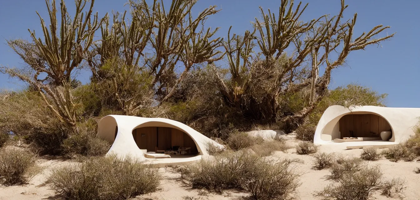 Prompt: a baja california desert by the sea, a seashell shaped house, in the style of maurice noble