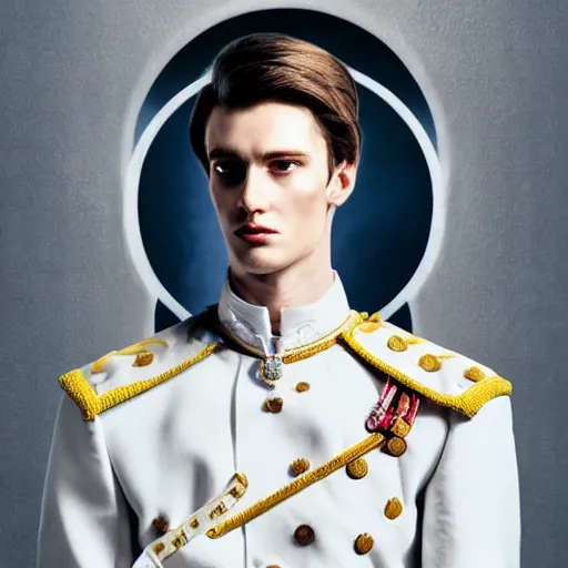 Image similar to portrait of a regal prince with sharp cheekbones, white clothes, high collar, close up, wistful melancholic hopeful expression. he is surrounded by angry people. super details, modern digital art, matte painting, science fiction