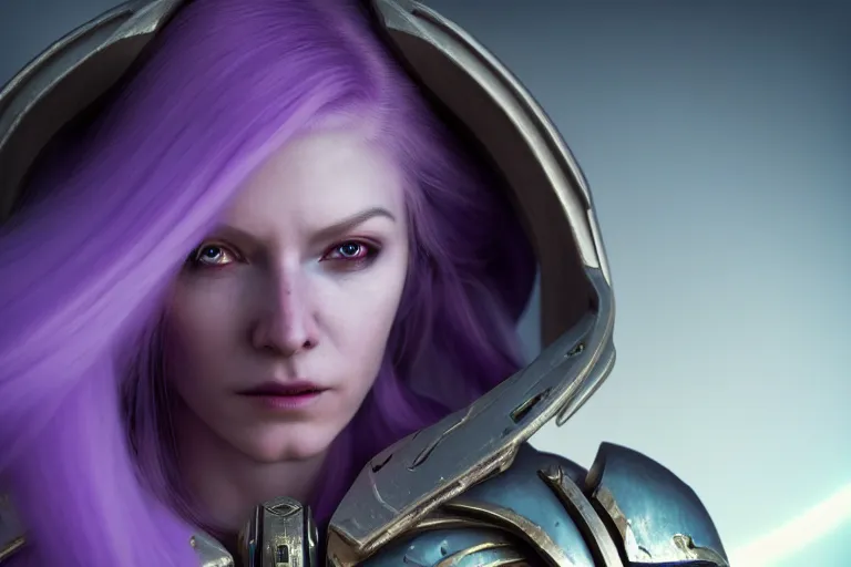 Prompt: an ultra realistic, cinematic, close up portrait, of a pale woman in sci - fi armor with flowing purple hair,, sylvanas windrunner, soft light, dreamy, facial features, standing in a space ship wreck, detailed, deep focus, movie still, dramatic lighting, ray tracing, by michal karcz and yoshitaka and david cronenberg