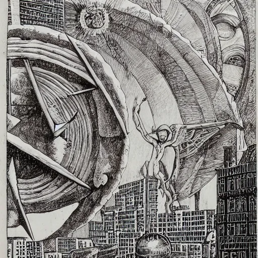 Prompt: satanic russian extraterrestrial city disk magpie archway bean archangel , by Chesley Bonestell and Pieter Bruegel the Elder and Robert Rauschenberg , NFT , An ink drawing , 4K