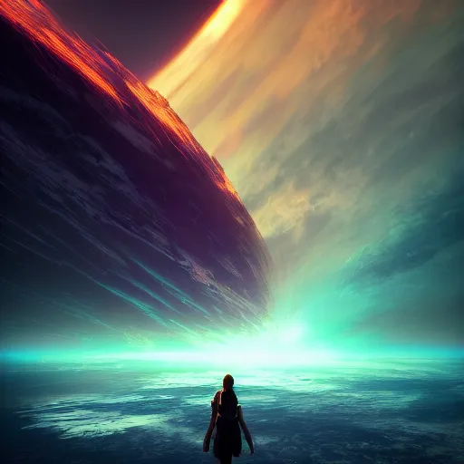 Image similar to a collision of dimensions at the horizon, celestial asthetics, colorful, dramatic lighting,digital art, artstation,scifi,ultra realism, dark fantasy mixed with steampunk, 8k,