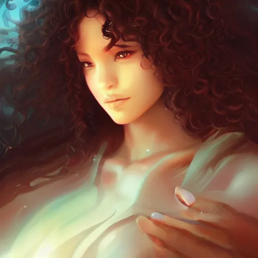 Prompt: beautiful portrait of an dark-brown skinned river angel with curly hair, character design by charlie bowater, ross tran, artgerm, and makoto shinkai, highly detailed, soft lighting