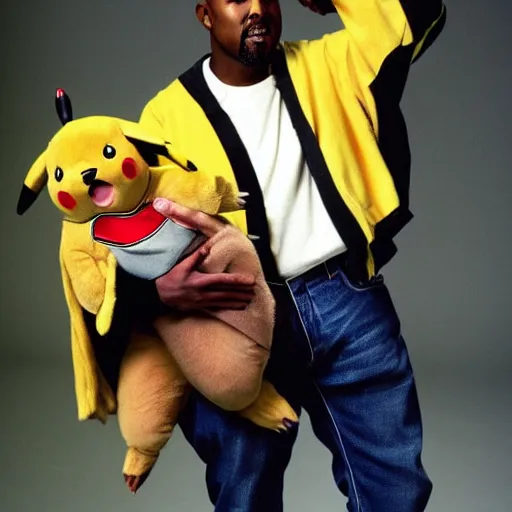 Image similar to Kanye West holding pikachu for a 1990s sitcom tv show, Studio Photograph, portrait C 12.0