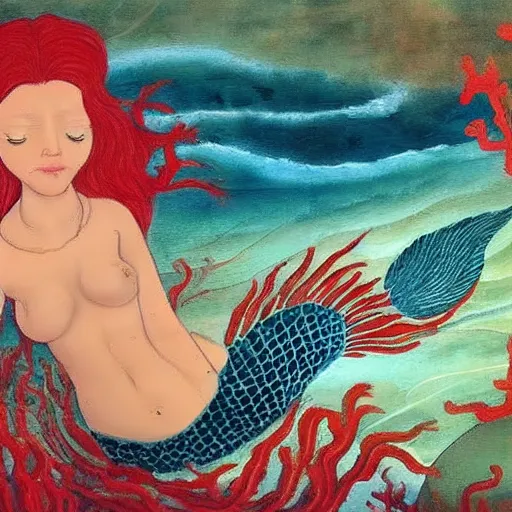 Prompt: A beautiful painting of a mermaid swimming in the ocean. Her long, flowing hair streams behind her as she gracefully navigates the water. A coral reef and colorful fish can be seen in the background. coral, YouTube by Hans Bellmer