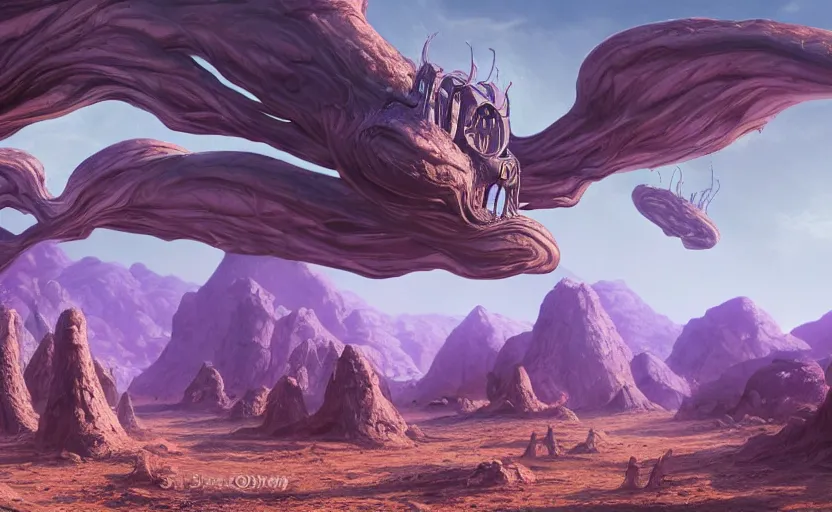 Prompt: matte painting of ant aliens in a desert, science fiction art, elaborate, detailed digital art, trending in artstation, purple color lighting