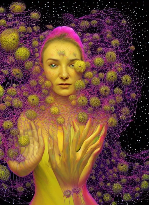 Prompt: hyper detailed 3d render like a Oil painting - Aurora (Singer) Eats of the Strangling network of yellowcake Fruit and Her delicate Hands hold of gossamer polyp blossoms bring iridescent fungal flowers whose spores black the foolish stars by Jacek Yerka, Mariusz Lewandowski, Houdini algorithmic generative render, Abstract brush strokes, Masterpiece, Edward Hopper and James Gilleard, Zdzislaw Beksinski, Mark Ryden, Wolfgang Lettl, hints of Yayoi Kasuma, octane render, 8k