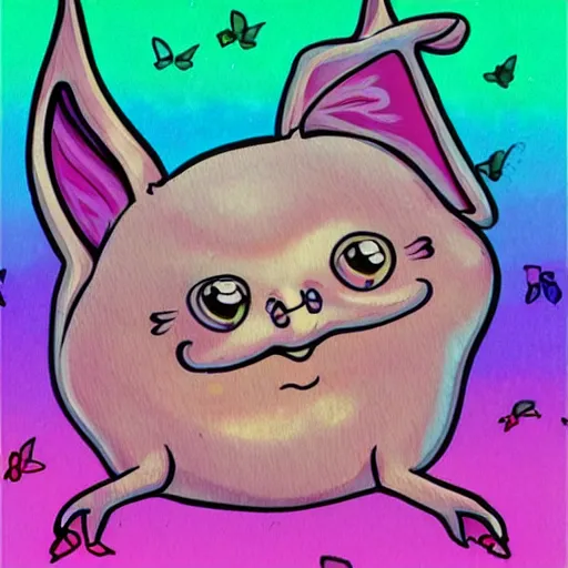 Prompt: original illustration of an adorable chubby baby bat by Lisa Frank