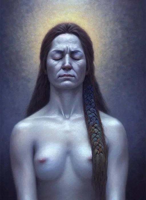 Prompt: a beautiful portrait of a shaman with eyes closed feeling her heart, by christophe vacher