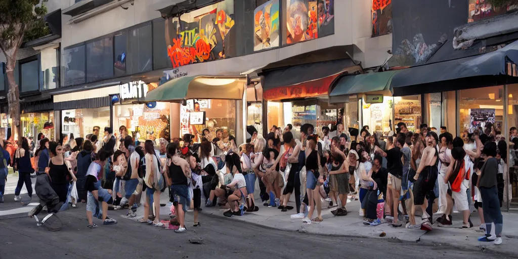 Prompt: crowd of crazy people with posters attack cosplayers in front of stores in los angeles with light screens all over the street, photorealism, professional lighting, lantern lighting, japanese chill photos, conceptual art