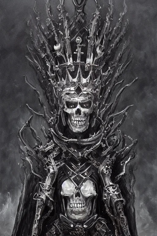 Prompt: portrait of an dark ominous skeleton king dressed in black robes wielding deadly electric powers, oil on canvas, gothic style, ornate, elegant, highly detailed, concept art, trending on artstation