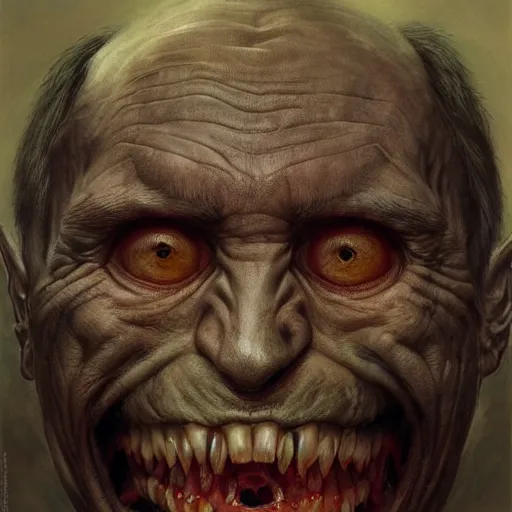 Image similar to vladimir putin, is evil gremlin, rotten teeth, horror, macabre by donato giancola and greg rutkowski and wayne barlow and zdzisław beksinski, realistic face, digital art