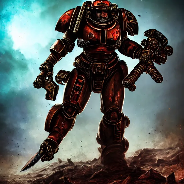 Prompt: photo of a stunning woman space marine, brandishing chain sword, grimmacing, knee deep in destroyed tyrranid, highly detailed, 4 k, hdr, smooth, sharp focus, high resolution, comic! book!, award - winning photo