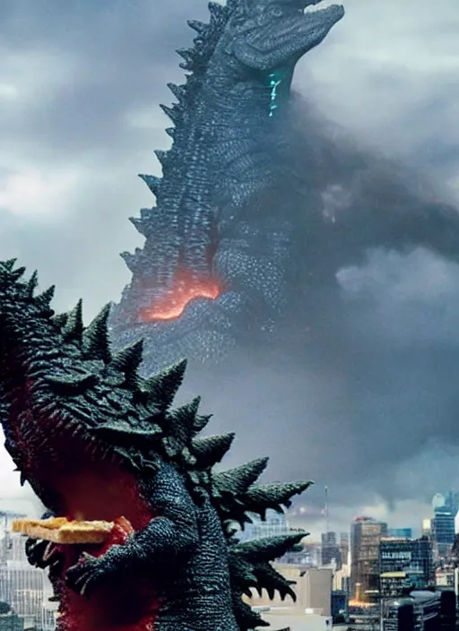 Image similar to godzilla eating a sandwich made of buildings, realistic, still shot from the new godzilla movie