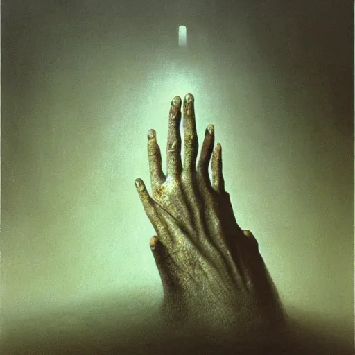 Prompt: hand with long fingers reaching out of thick fog, zdzislaw beksinski