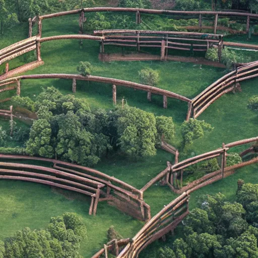 Prompt: Aerial establishing shot of circular wood palisade containing a village