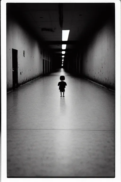 Image similar to photo polaroid of a sad and lonely child in the middle of a long corridor inside a prison, loneliness , black and white ,photorealistic, 35mm film,