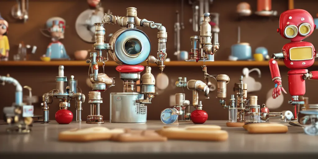 Image similar to closeup portrait of tin toy retro chemist robot cooking pastry cake in a kitchen, depth of field, zeiss lens, detailed, centered, fashion photoshoot, by nicoletta ceccoli, mark ryden, lostfish, breathtaking, 8 k resolution, extremely detailed, beautiful, establishing shot, artistic, hyperrealistic, octane render