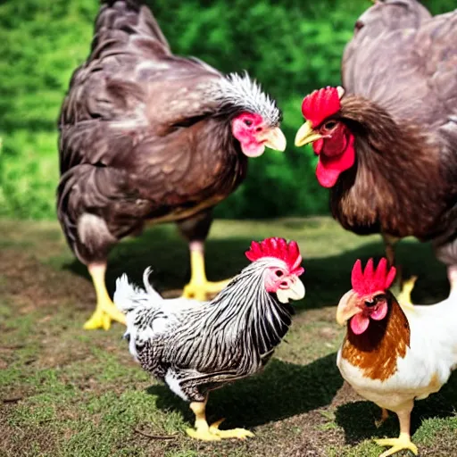 Image similar to chickens with human heads playing with lego