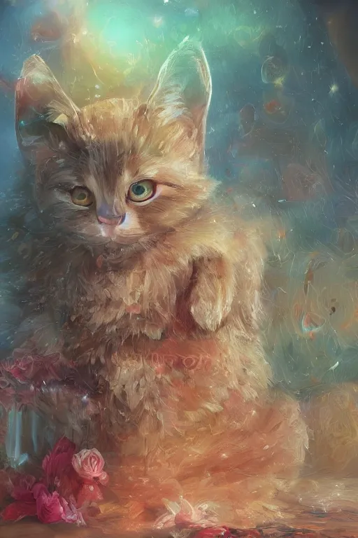 Prompt: elokitty, cat. digital art painting, Trending on DeviantArt, cinematic lighting, dreamscape maximized, vibrant mood, rose tones, concept art, smooth illustration, ethereal rainbow bubbles, extremely detailed masterpiece, winning award masterpiece, Exquisite detail post-processing, Unreal Engine, 8k, HD, trending on artstation flawless.