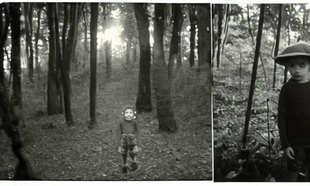 Image similar to kid looking at camera in forest at night, far away from camera, 70s photo, out of focus, motion blur, cctv footage, horror movie, horror lighting, blair witch project, old photo