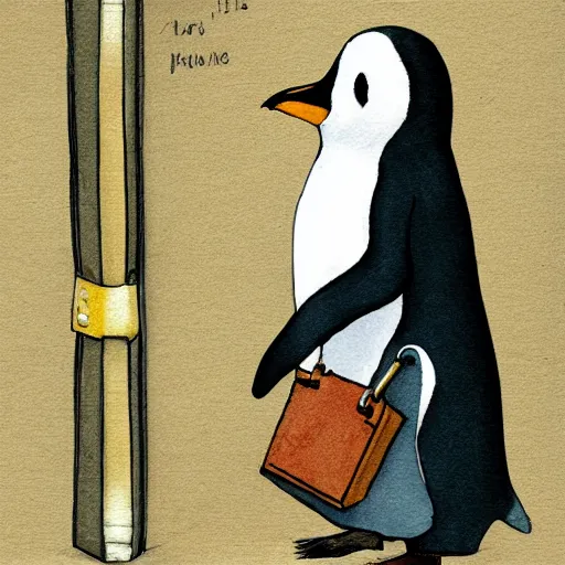 Prompt: a cute penguin holding a briefcase, photorealistic storybook illustration, Beatrix Potter