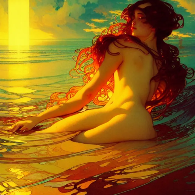 Image similar to mind bending ocean waves of glossy liquid honey drops flowing like psychedelic translucent amber, lsd waves, lsd ripples, backlit, sunset, refracted lighting, art by collier, albert aublet, krenz cushart, artem demura, alphonse mucha