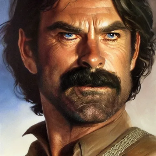 Image similar to ultra realistic portrait painting of tom selleck as aragorn, art by frank frazetta, 4 k, ultra realistic, highly detailed, epic lighting