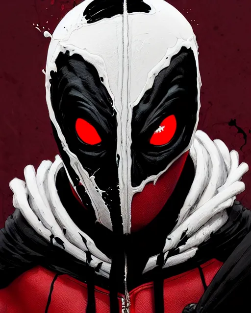 Image similar to highly detailed closeup portrait of a mutated carnage symbiote in deadpool suit with carnages face, wearing black hoodie by atey ghailan, by greg rutkowski, by greg tocchini, by james gilleard, by joe fenton, by kaethe butcher, red, black, crimson and white color scheme, grunge!! graffiti tag wall