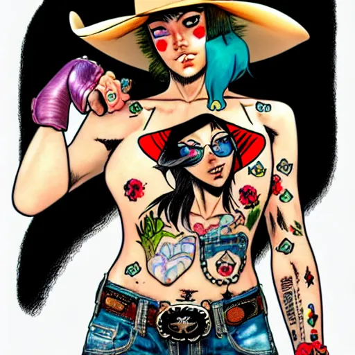 Image similar to full view of cowgirl with tattoos, wearing a cowboy hat, style of yoshii chie and hikari shimoda and martine johanna and will eisner, highly detailed