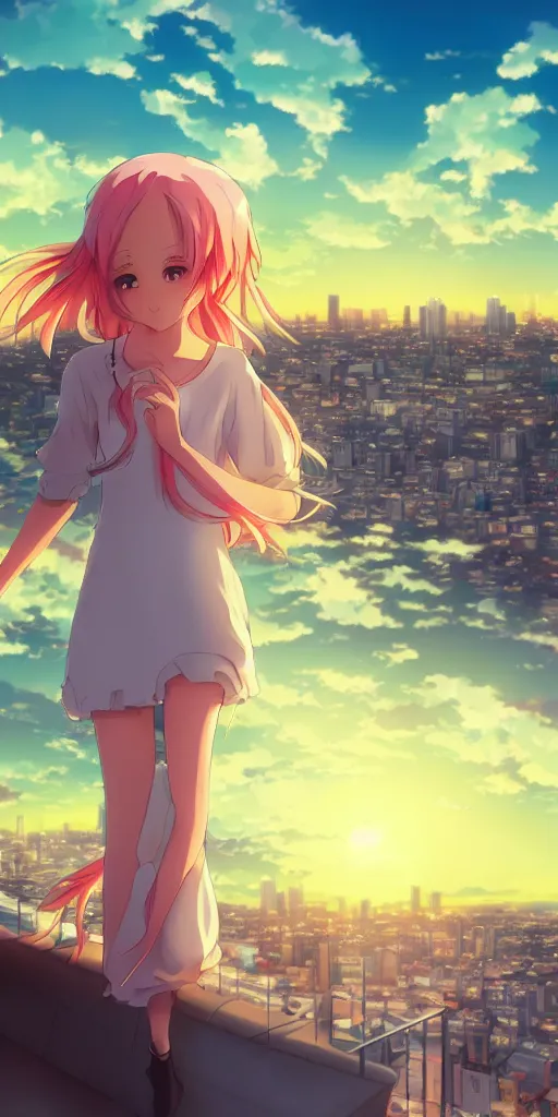 Image similar to anime art, anime key visual of a cute elegant anime girl with pink hair and big eyes, city rooftop at sunset with clouds, golden hour sunset, background blur bokeh!, beautiful lighting, high quality illustration, studio ghibli