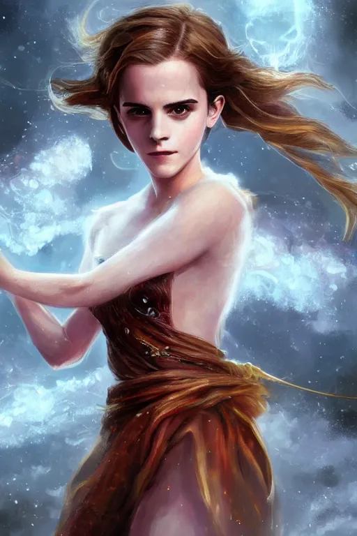 Prompt: a photo of Emma Watson using her superpower of fire, fantasy, intricate, young and cute girl, beautiful, highly detailed, digital painting, artstation, concept art, smooth, sharp focus, illustration