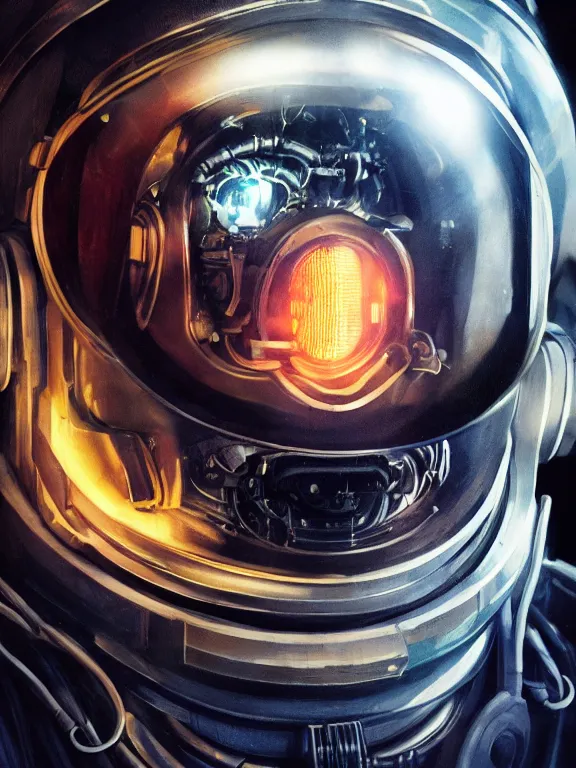 Image similar to portrait art of 8k ultra realistic retro futuristic terminator astronaut helmet, lens flare, atmosphere, glow, detailed,intricate,blade runner, cybernetic, full of colour, cinematic lighting, trending on artstation, 4k, hyperrealistic, focused, extreme details,unreal engine 5, cinematic, masterpiece, art by ayami kojima, giger