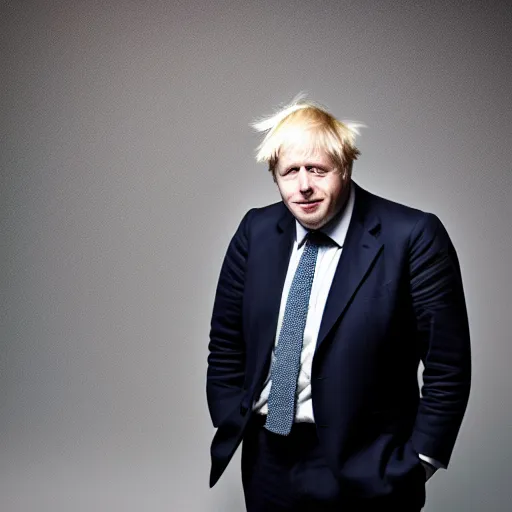 Image similar to boris Johnson standing while posing for a photo, award winning photography, HDR, studio lighting, dynamic pose, medium close shot, shot on Canon EOS R5, f/2.5,