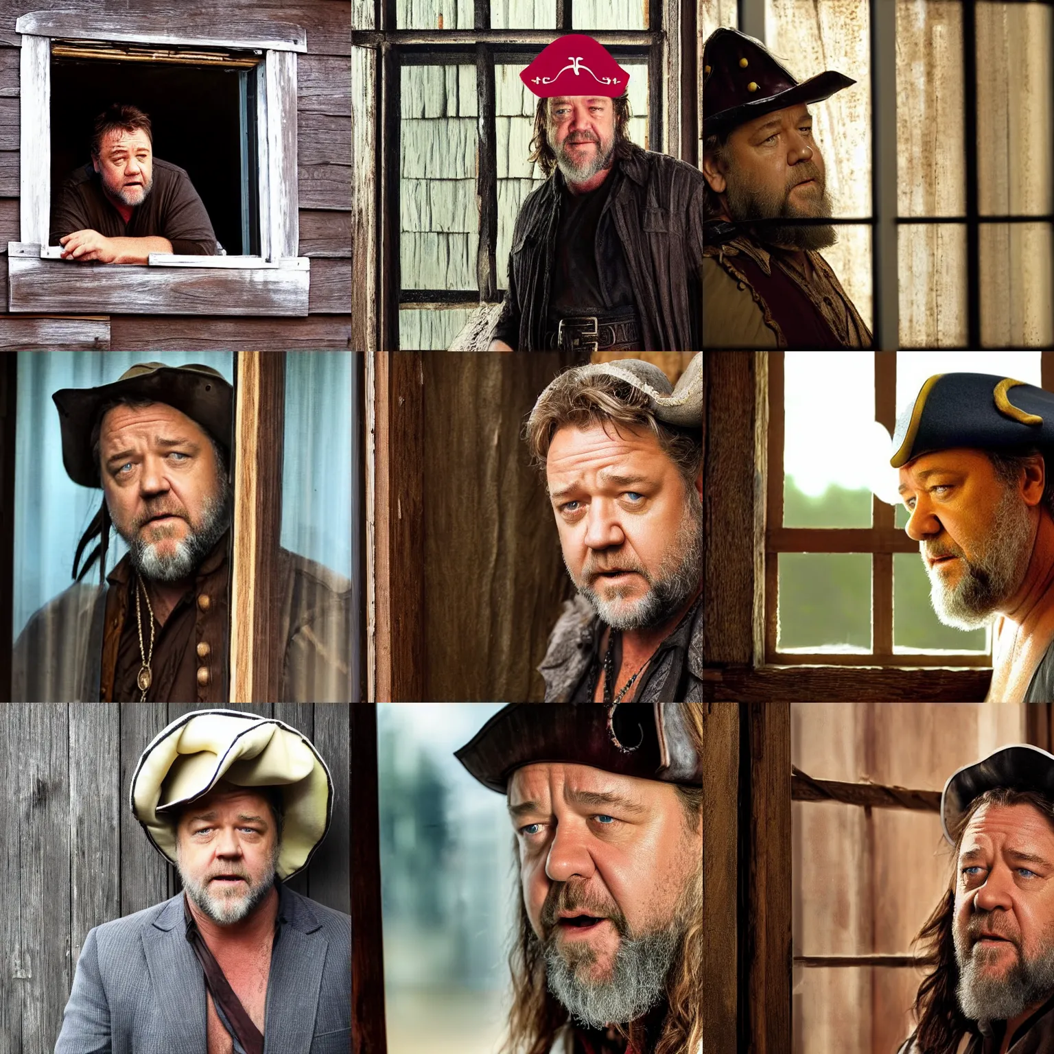 Prompt: russell crowe wearing a too large silly pirate hat behind a dirty window and wooden wall staring out