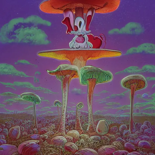 Image similar to 4 k headshot portrait of a psychedelic demonic anthropomorphic bunny rabbit with mushroom themed clothes, magic mushroom village in background by jeff easley, award winning, stylized neon, post - processing, masterpiece, superb resolution. in the art style of junji ito and greg rutkowski. detailed mushroom city in background. hyper realistic anime. perfect art. dalle 2