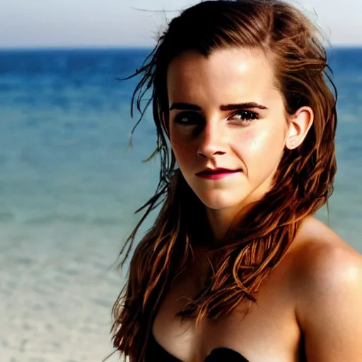 Prompt: hyper realistic Emma Watson in the beach