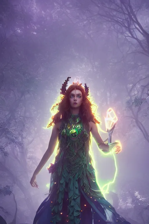 Prompt: Keyleth, magical, forest, evening, Vox Machina, Critical Role, yellow mist, symmetrical face, large eyes, hyper realistic, digital art, octane render, trending on artstation, artstationHD, artstationHQ, unreal engine, 4k, 8k