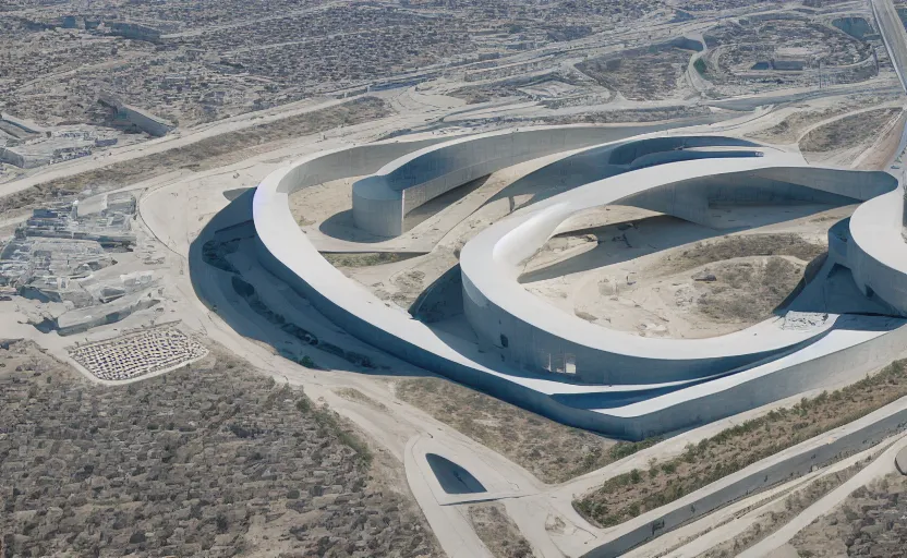 Prompt: parametric structure, medical complex, in the desert beside the gulf, view from above, design by oma, dezeen, architectural photography