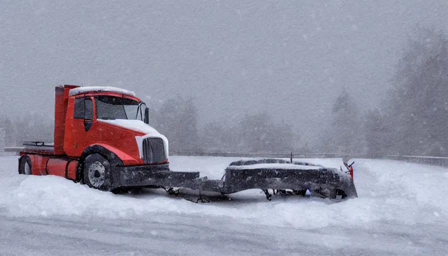 Image similar to Heavy Snow falls on a Snowplow parked in a winter landscape, a blizzard and thick snow, mist and fog, concept art, highly detailed