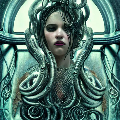 Image similar to Cyberpunk medusa, dark atmosphere, cinematic shot, intricate, ornate, photorealistic, ultra detailed, realistic, 35mm, photography, neon, octane, high definition, depth of field, bokeh, 8k, artstation, (alphonse mucha), hr giger