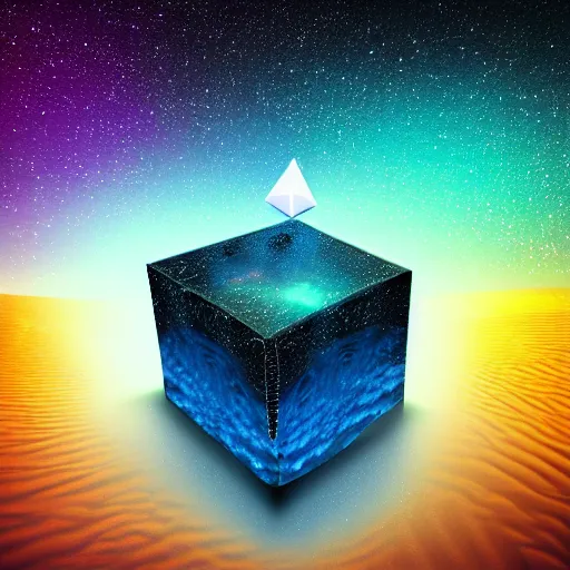 Image similar to a cube of space water floating in the middle of an empty desert, black cube, colorful stars inside the cube, extremely detailed digital art, ominous, artgem, breathtaking, smooth, award winning