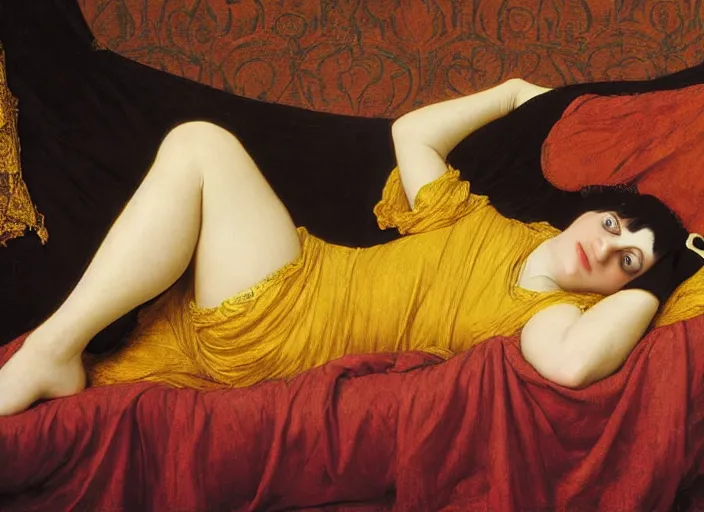 Image similar to portrait of liza minelli as a medieval lady reclining on bed, wearing yellow ochre, preraphaelite colour photography by frederic leighton, 8 k