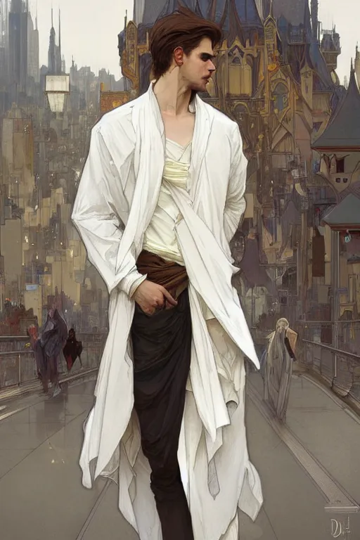 Prompt: portrait of the most beautiful young male ever, modern cloths, by greg rutkowski and alphonse mucha, d & d character, gradient white to gold, highly detailed portrait, in front of an urban background, digital painting, artstation, concept art, smooth, sharp focus ilustration, artstation hq