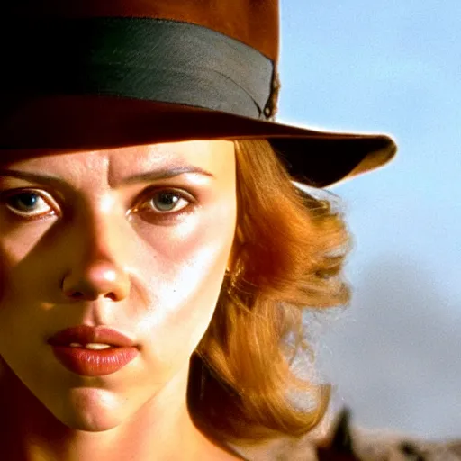 Image similar to A still photograph of Scarlett Johansson as Indiana Jones in Indiana Jones and the Raiders of the Lost Ark