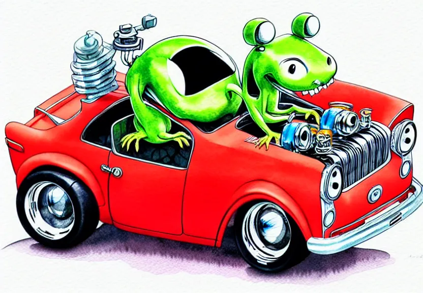 Prompt: cute and funny, rodent riding in a tiny hot rod coupe with oversized engine, ratfink style by ed roth, centered award winning watercolor pen illustration, isometric illustration by chihiro iwasaki, edited by range murata