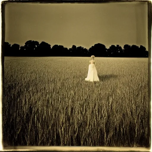 Prompt: the lonely bride in the wheat field at night, southern gothic, photograph by diane arbus, bayou